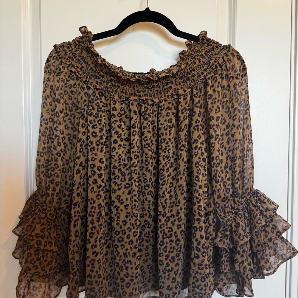 CeCe Brown Leopard Print Ruffle Sleeve Blouse